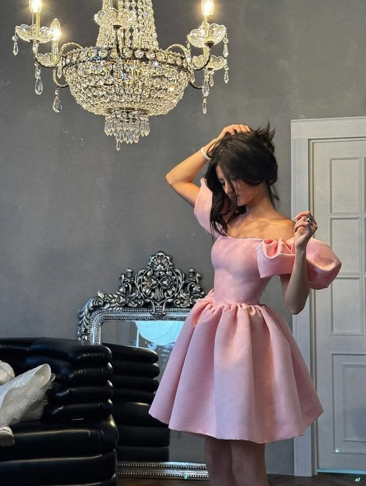 Pretty Pink Off Shoulder Puff Sleeve Satin Homecoming Dress A Line Short 15th Birthday Outfits SP2744