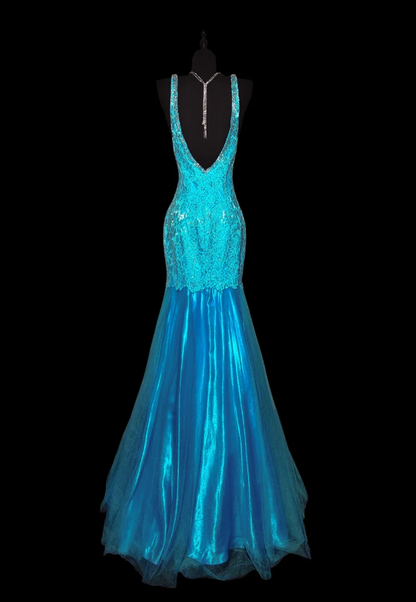 Charming Blue V Neck Lace Satin Beaded Mermaid Party Dress Long Prom Dresses SP441