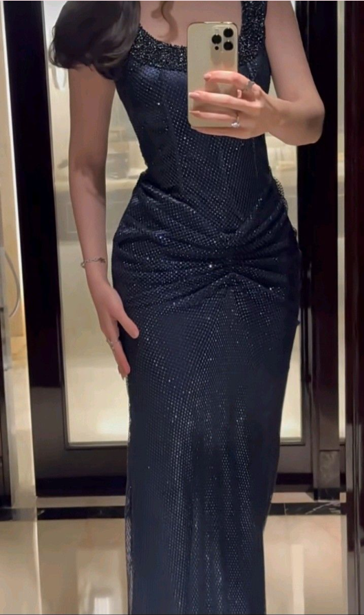 Sexy Navy Blue Sequin Beaded Pleated Mermaid Long Prom Gown Evening Dress SP886