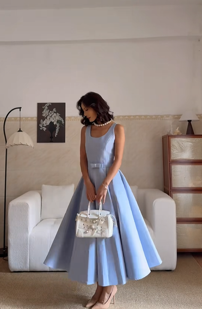 Sweet Blue Sleeveless Satin A Line Birthday Dress Long Party Gowns SP2071