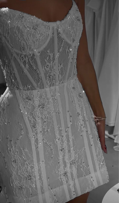 Pretty Strapless White Lace Beaded Short 21st Birthday Outfits Formal Homecoming Dress SP26