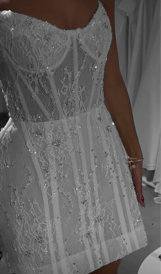 Pretty Strapless White Lace Beaded Short 21st Birthday Outfits Formal Homecoming Dress SP26