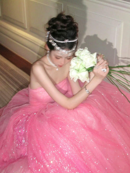 Glitter Pink Strapless Tulle Sequin Long Birthday Prom Dress Party Gown SP3911