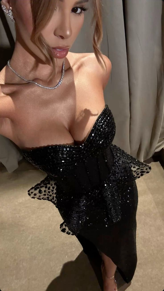 Unique Black Strapless Satin Beaded Mermaid Slit Prom Dress Long Party Gown SP362