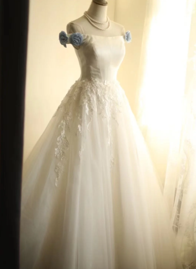 Pretty Off The Shoulder White Tulle Sequin Appliques Long Wedding Dress SP1245