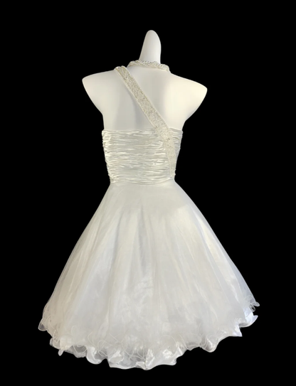 Cute One Shoulder White Satin Tulle Beaded A Line Short Homecoming Dress Birthday Outfits SP355
