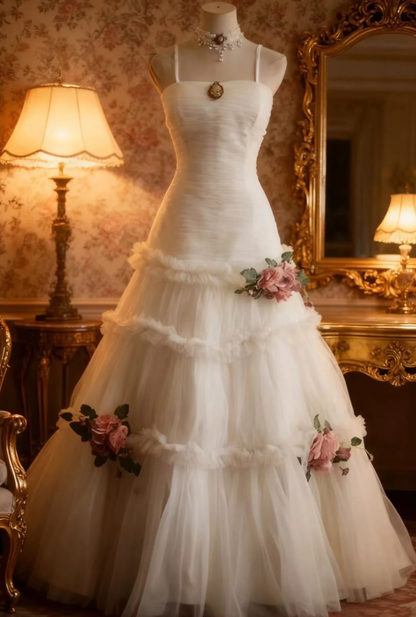 Pretty Spaghetti Straps White Tulle Long Wedding Dress With 3D Flowers SP751