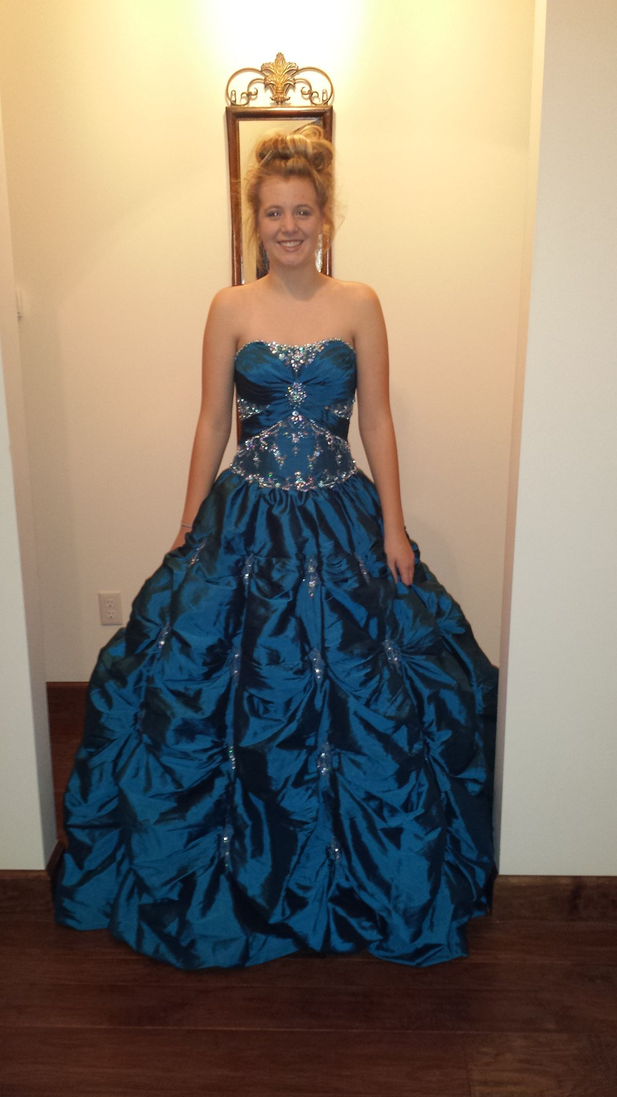 Pretty Strapless Ball Gown Blue Satin Pleated Beaded Long Quinceanera Dress SP2121