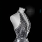Sparkly Silver Deep V Halter Sequins Beaded Backless Evening Dress,Mermaid Prom Dress Y8687