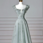Pretty Light Green Square Neck Tulle Beaded Prom Dress,A Line Evening Dress Y8612