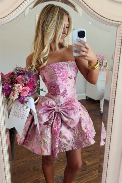 Pretty Strapless Pink Satin Print Floral A Line Short Homecoming Dress Birthday Outfit With Bow SP2796