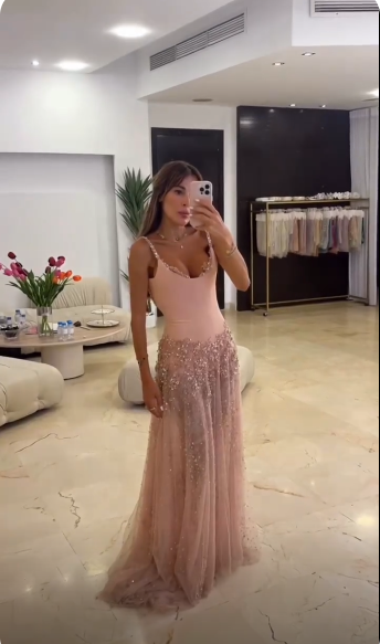 Classy Pink Satin Tulle Beaded Prom Dress Backless Long Party Dress SP4263