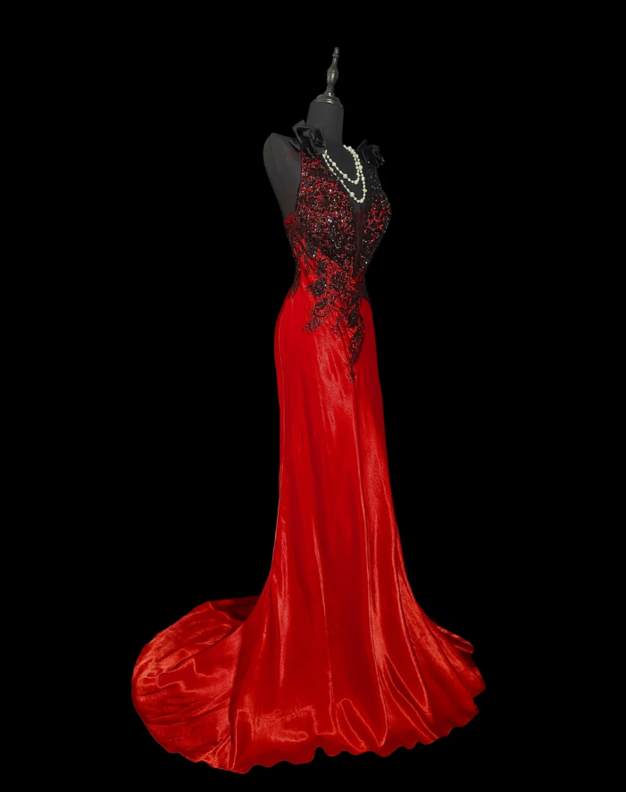 Sexy V Neck Red Satin Lace Appliques Beaded Long Prom Dress Mermaid Party Dress SP351