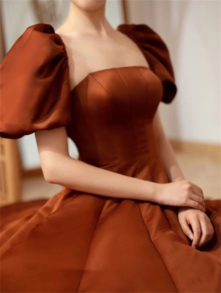 Coffee satin prom dress long Short puffy sleeve ball gown Square neck Fairy formal dress  Y4962