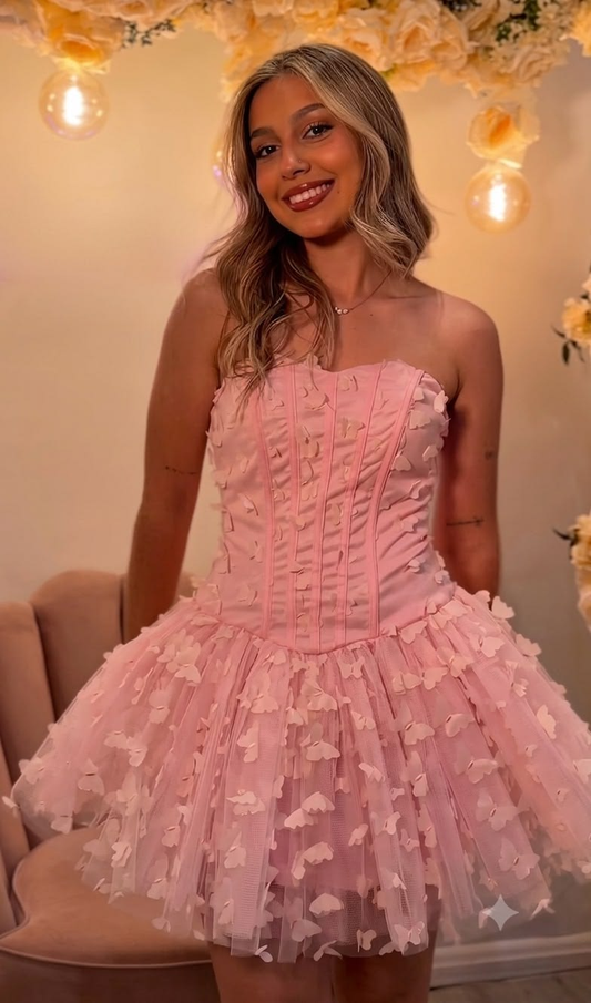 Sweet Pink Strapless Tulle Butterflies Appliques A Line Short Birthday Outfits,Formal Graduation Homecoming Dress SP2857
