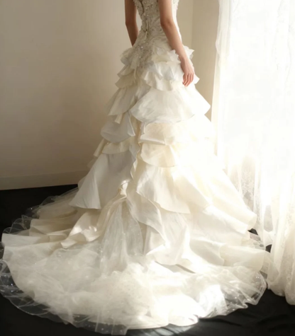 Vintage White Halter Satin Tulle Beaded Mermaid Long Wedding Dress SP666