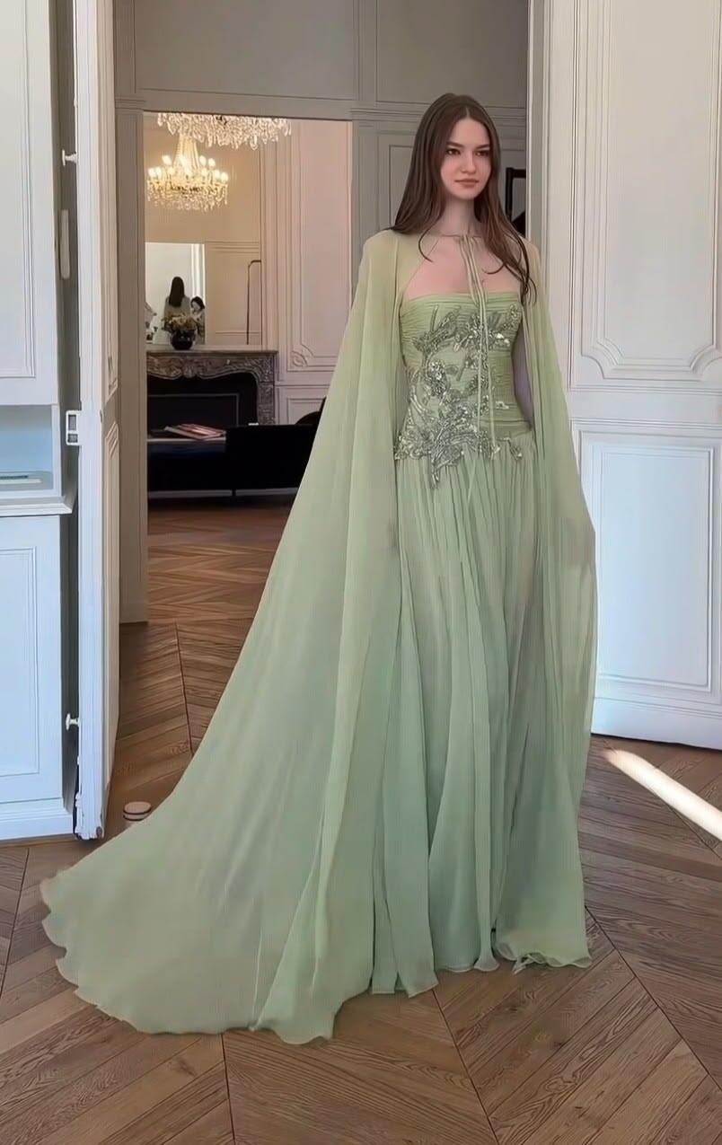 Classy Green Chiffon Beaded Appliques Mermaid Long Party Dress Prom Dresses SP2553