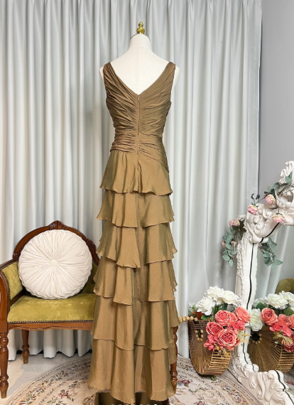 Vintage V Neck Satin Pleated Layered Ruffle Mermaid Prom Gown Formal Birthday Party Dress SP628