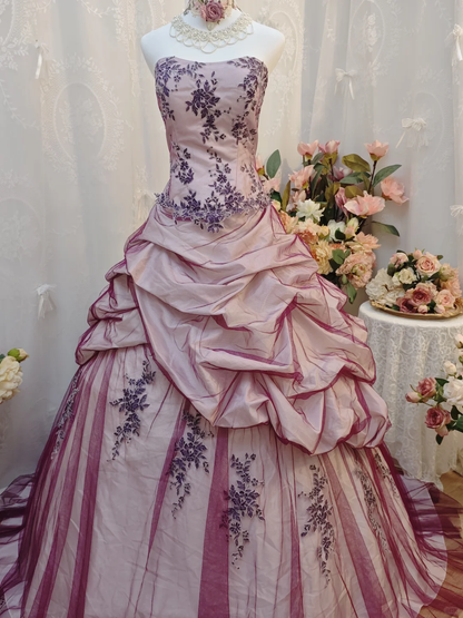 Chic Strapless Ball Gown Purple Tulle Appliques Pleated Quinceanera Dress Sweet 15 Dress SP2259