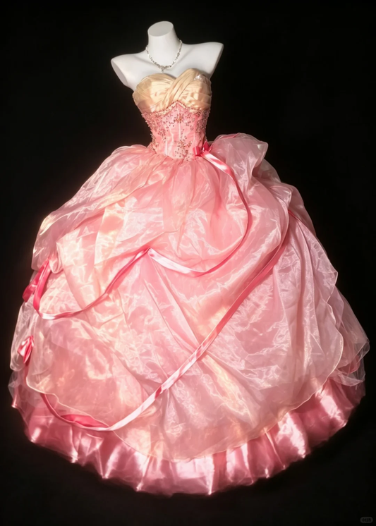 Barbie Style Pink Strapless Princess Ball Gown Shiny Organza Skirt Crystal Embellished Bodice Satin Formal Quinceanera Dress SP2736