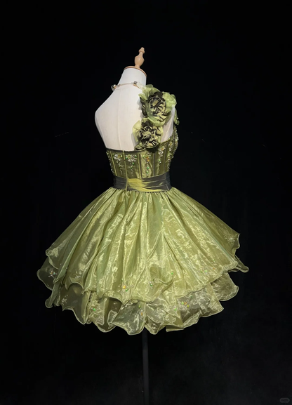 Pretty One Shoulder Sage Green Tulle Beaded A Line Short Graduation Homecoming Dress SP2905