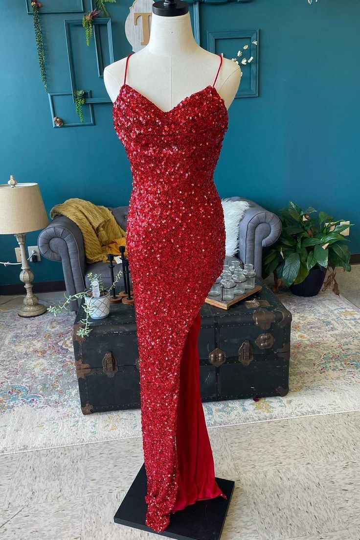 Red Sequin Cowl Neck Lace-Up Back High-Low Prom Dress Y5617
