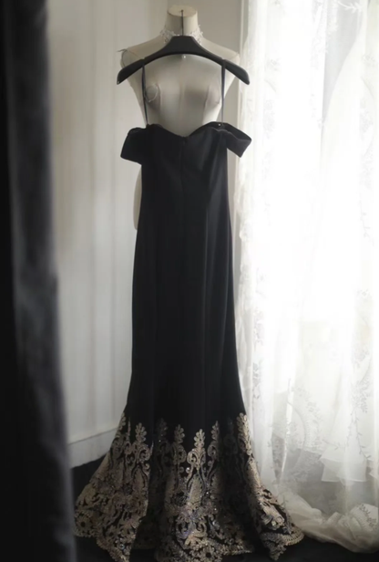 Vintage Off The Shoulder Black Satin Appliques Beaded Mermaid Long Party Dress Prom Gown SP1262