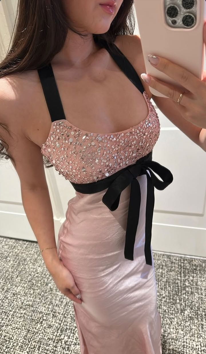 Glamorous Light Pink Halter Satin Beaded Sheath Long Prom Dress Party Dress SP2486