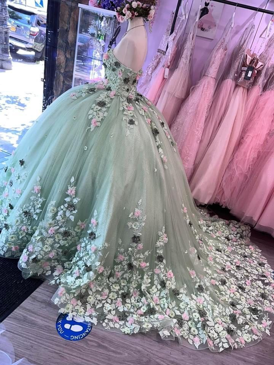 Mint Green Quinceanera Dresses Ball Gown Lace Ball Gown Sweet 16 Dress With Flowers Y2062