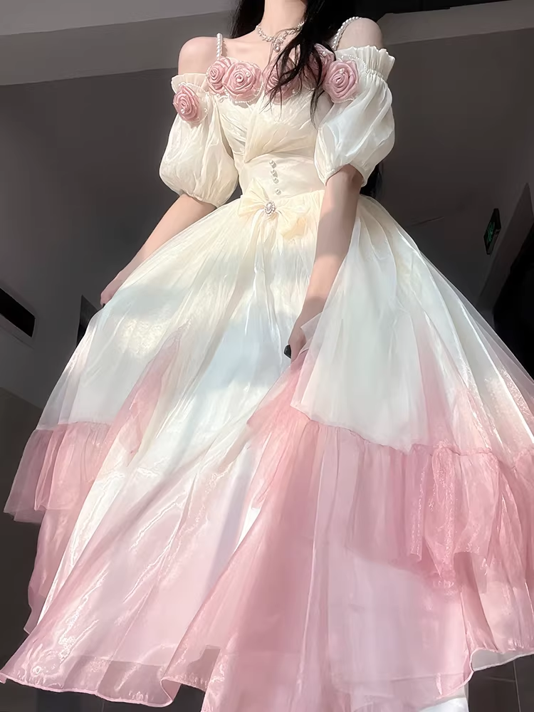 Roses Flowers Masquerade Prom Dress Pink Gradient Floral Party Dress With Pearls Y2401