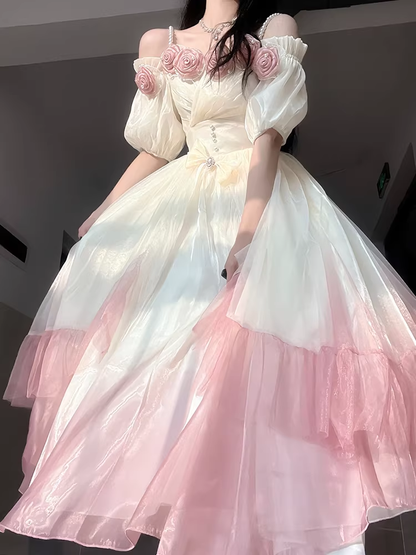 Roses Flowers Masquerade Prom Dress Pink Gradient Floral Party Dress With Pearls Y2401