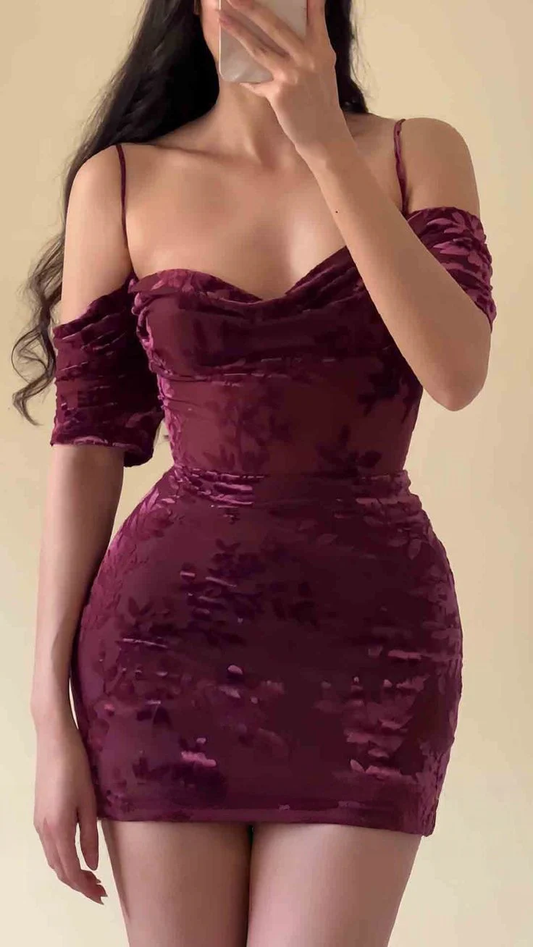 Burgundy Vintage Off The Shoulder Satin Print Floral Sheath Short Homecoming Dress Birthday Outfits Y9891