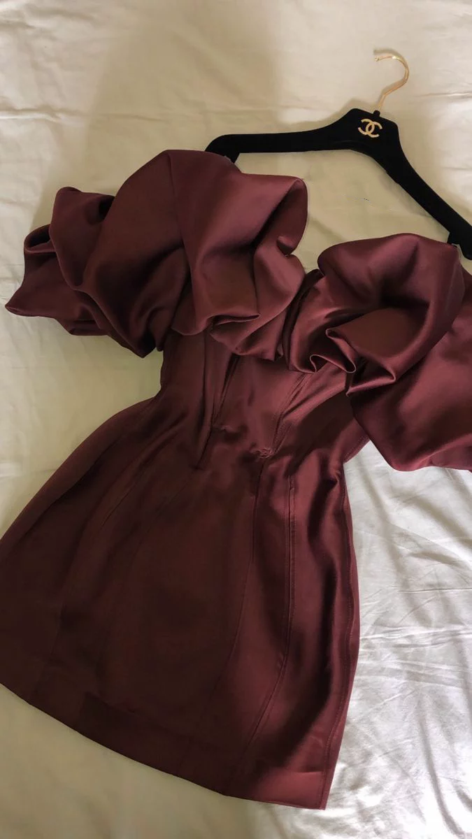 Vintage Burgundy Off Shoulder Giant Ruffle Graduation Homecoming Dress,Satin Bodycon Mini Prom Dress SP2745