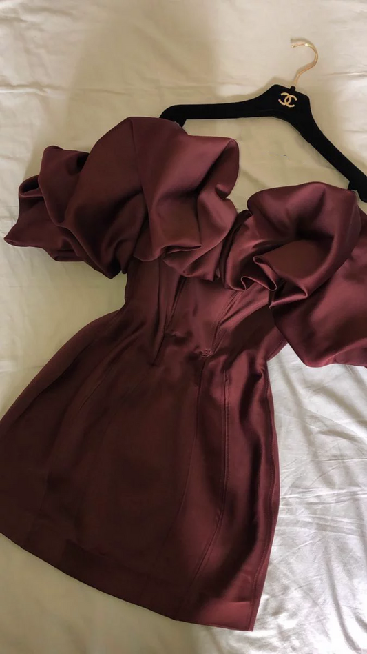 Vintage Burgundy Off Shoulder Giant Ruffle Graduation Homecoming Dress,Satin Bodycon Mini Prom Dress SP2745