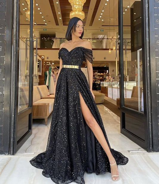 Elegant Black Off The Shoulder Prom Dress With Split  Y5998