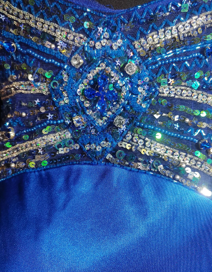 Gorgeous Royal Blue Spaghetti Straps Satin Pleated Sequin Beaded Mermaid Prom Dress Backless Long Party Dress SP443