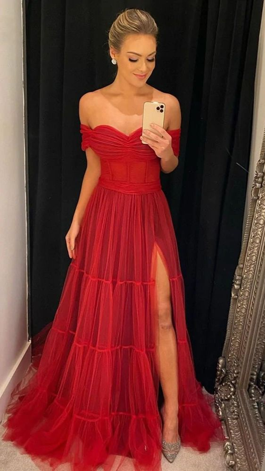 Elegant Red Long Tulle Off The Shoulder Prom Dress Girl Party Dress Women Formal Gowns Y5443
