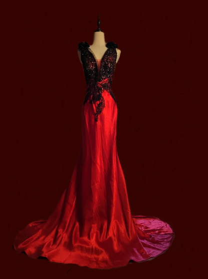 Retro Red Sleeveless Satin Lace Beaded Mermaid Prom Dress Evening Gown SP608