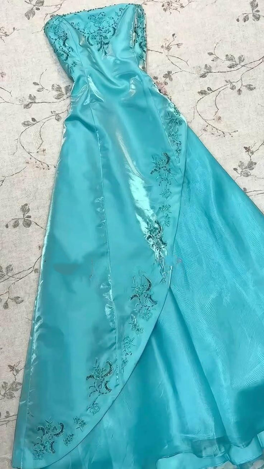 Stylish Blue Strapless Satin Tulle Beaded A Line Party Dress Long Wedding Guest Dress SP2694