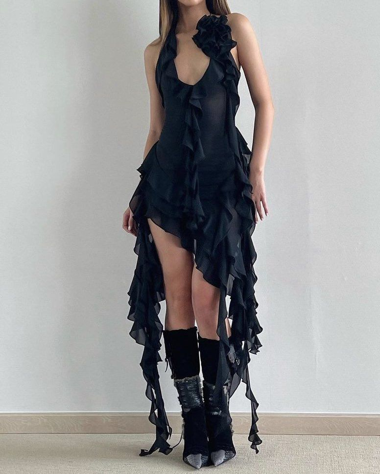 Sexy Halter Black Chiffon Ruffles Long Party Dress Evening Dress SP13