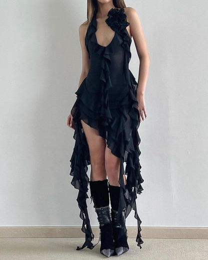 Sexy Halter Black Chiffon Ruffles Long Party Dress Evening Dress SP13