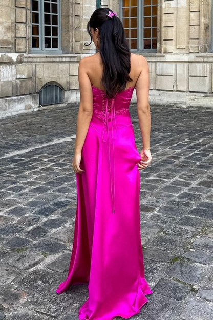 Classy Spaghetti Straps Hot Pink Satin A Line Long Party Dress Wedding Guest Dress SP2139