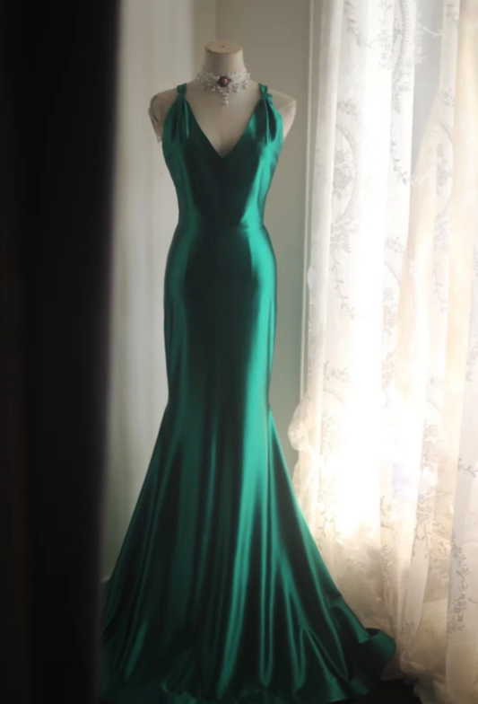 Stylish Green V Neck Satin Backless Long Mermaid Party Dress Formal Wedding Guest Dress SP1204