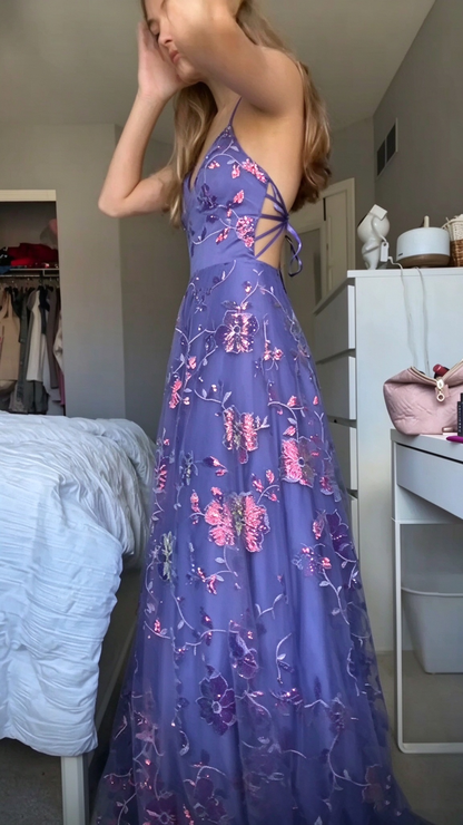 Elegant Spaghetti Straps Tulle Sequin Floral Prom Dress Purple Long Party Dress SP4226