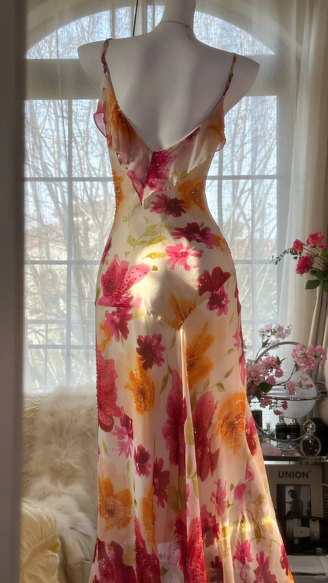 Beautiful Spaghetti Straps Chiffon Print Floral Mermaid Evening Dress Formal Party Gown Y8915