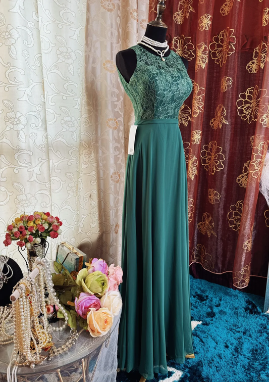 Vintage Green Sleeveless Chiffon Lace A Line Long Wedding Guest Dress Backless Party Dress SP2192