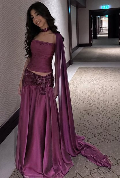 Classy Purple Satin Chiffon Long Party Dress,Formal Wedding Guest Dress Two Piece SP3418