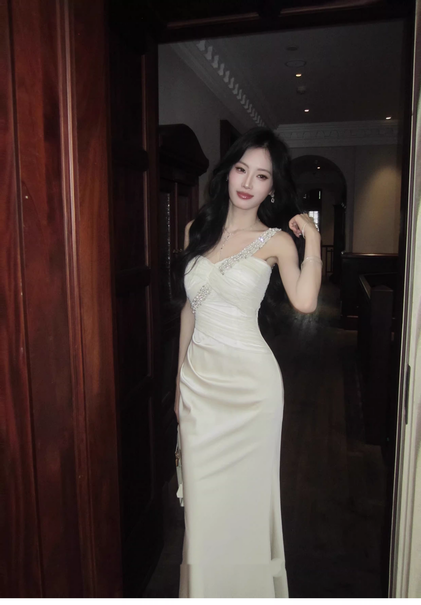 Pretty One Shoulder White Satin Beaded Mermaid Long Party Dress Formal 18th Birthday Outfits SP2006