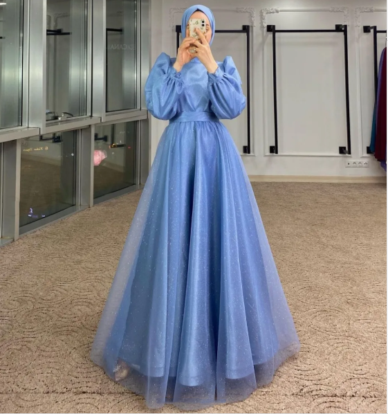 Modest A-line Navy Blue Tulle Long Sleeves Prom Dress,Muslim Dress  Y5848