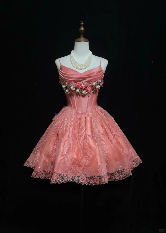 Pretty Pink Spaghetti Straps Satin Tulle Floral A Line Short Prom Dress,Formal Mini Graduation Homecoming Dress SP2919